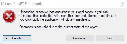 Microsoft .NET Framework Unhandled exception message